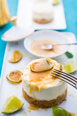 Mojito  cheesecake with rum  and lime syrup, on a rectangualr plate ,flatlay,topview