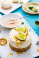 Mojito  cheesecake with rum  and lime syrup, on a rectangualr plate ,flatlay,topview