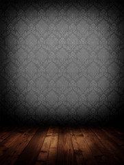 dark interior room with baroque wallpaper