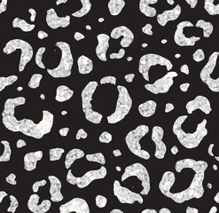 Vector seamless pattern of leopard silver glitter dots print isolated on black background