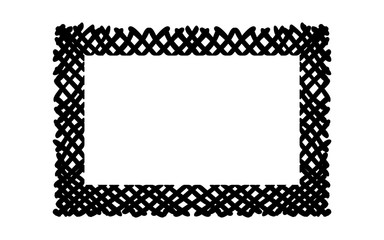 Scribble hatching criss cross along the rim frame rectangle. Hand drawn symbols. Sketches shaded and hatched badges and stroke shapes. Monochrome vector design elements. Isolated illustration.
