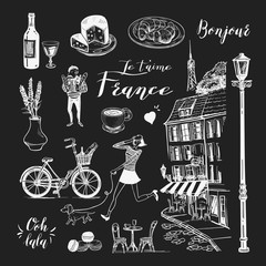 French vector set in sketch style. Illustration with symbol France. Isolated white icons on black background. © Marina Loseva