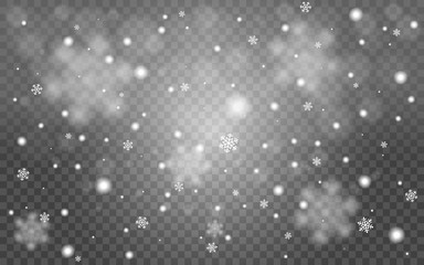 Falling snowflakes. Realistic snow on transparent background. White blurred flakes. Winter template for banner, poster, web. Christmas texture for advertisement. Vector illustration