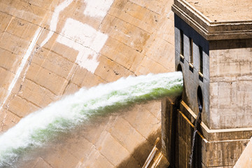 Close up of water jets released at O'Shaughnessy Dam from Hetch Hetchy Reservoir in Yosemite National Park;  One of the main sources of drinking water for San Francisco Bay, California