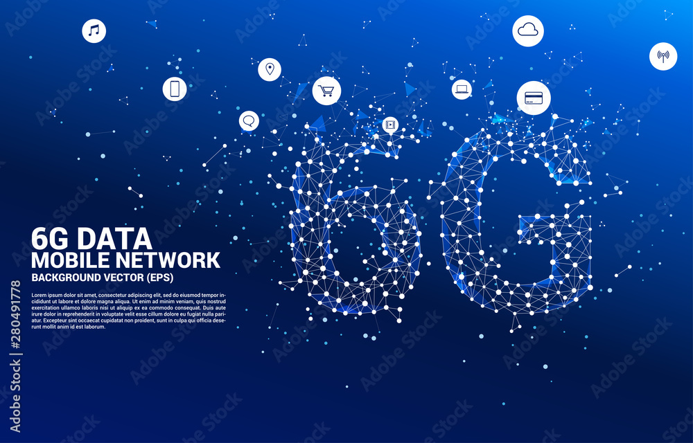 Poster Vector Polygon dot connect line shaped 6G mobile network. Concept for mobile phone data technology.