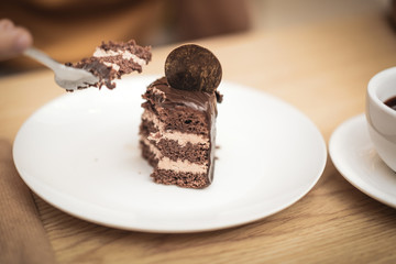 girl eating a piece of delicious chocolate cake on a white plate