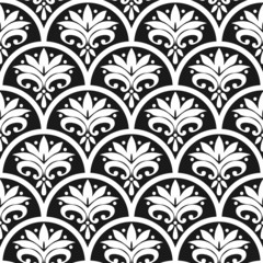 Seamless inverse black and white ornate floral peacock vintage antique fish scale pattern vector