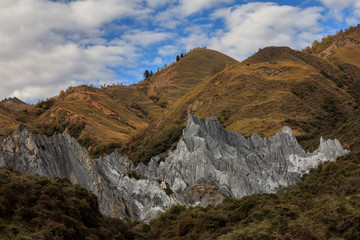 Bamei stone forest, exotic pillars of gray stone situated in the grasslands of Sichuan Province, China. Unique rock formations with clouds in the distant background. Martian Tibetan Landscape