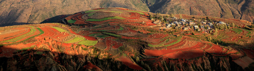 Dongchuan Red Earth Multi-Colored Terraces - Red Soil, Green Grass, Layered Terraces in Yunnan Province, China. Chinese Countryside, Agriculture, Exotic Unique Landscape. Farmland, Agriculture