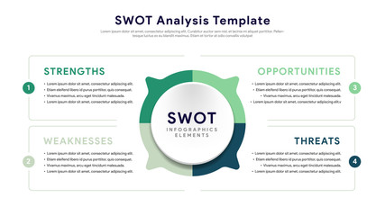 Four colorful elements with text inside placed around rectangle. Concept of SWOT-analysis template or strategic planning technique. Infographic design template. Vector illustration.