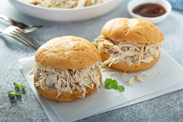 Sandwiches with pulled chicken and bbq sauce