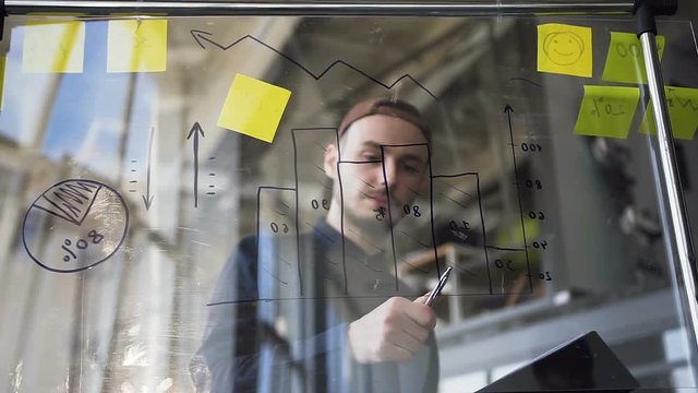 Caucasian young businessman in casual clothing using glass board with diagram while calculations and compiling reports in the office. Brainstorm, office worker and business concept