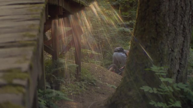Shallow Focus Mountain Bike Shot Riding Slow Motion Over Wood Obstacle Drop in Golden Sun