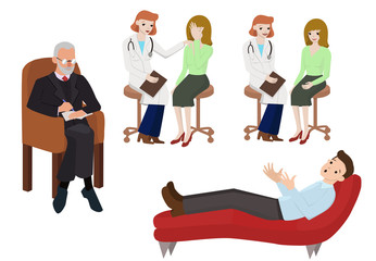 Set with doctors talking to patients. Vector image isolated on white background.