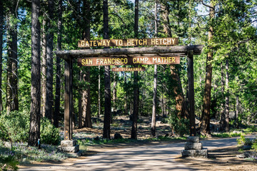 Entrance to Camp Mather, managed by San Francisco Recreation & Parks Department; the camp is...