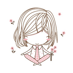 Cute cartoon girl or women sitting in pink dress with smile emotions and hold little flower. Vector illustration in simple flat style isolated on white background. Character vector