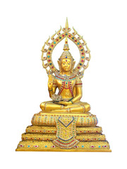 Gold Buddha statue Decorated with gemstone on white background
