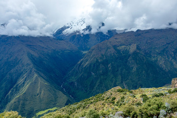 Fototapeta premium Narrow path on the hiking trail at high altitude Peruvian mountains between Maizal and Yanama, Peru