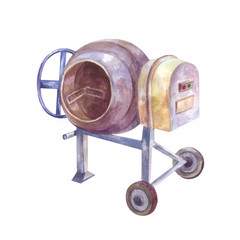 Home concrete mixer isolated. Watercolor drawing. Tool for pouri