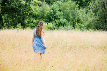 Naklejka na ściany i meble girl in a blue dress walks across the field, view from the back