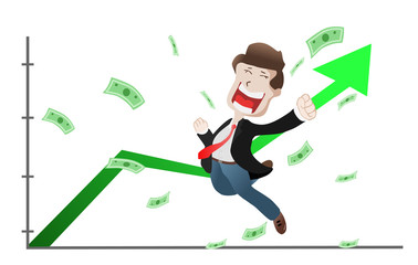 Successful Businessman raised hands on uprising arrow graph chart, Stock price up, Increase