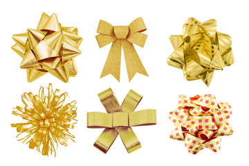 set of gold bow gift isolated on white background.