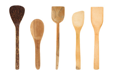 collection of Wooden spatula and ladle on white background.