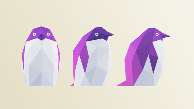 Cool Penguin. Set of Gradient Penguins on Dark Background. Low Poly Vector 3D Rendering