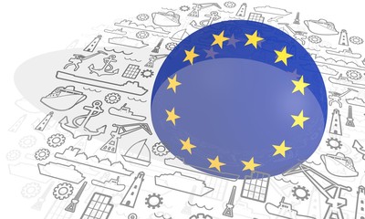 Sea port concept. Freight vessels or ships icons. Maritime transportation. Brochure, report or cover design template. Circle frame with thin line icons. 3D rendering. Flag of the European Union