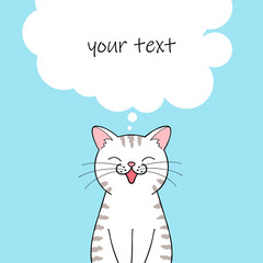 Cute cartoon cat character. Greeting card or invitation template with place for text. Hand drawn illustration