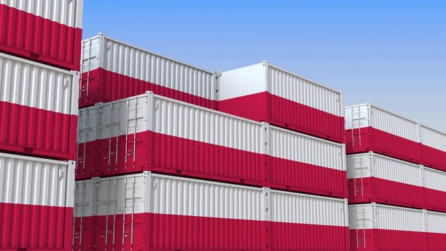 Container yard full of containers with flag of Poland. Polish export or import related loopable 3D animation