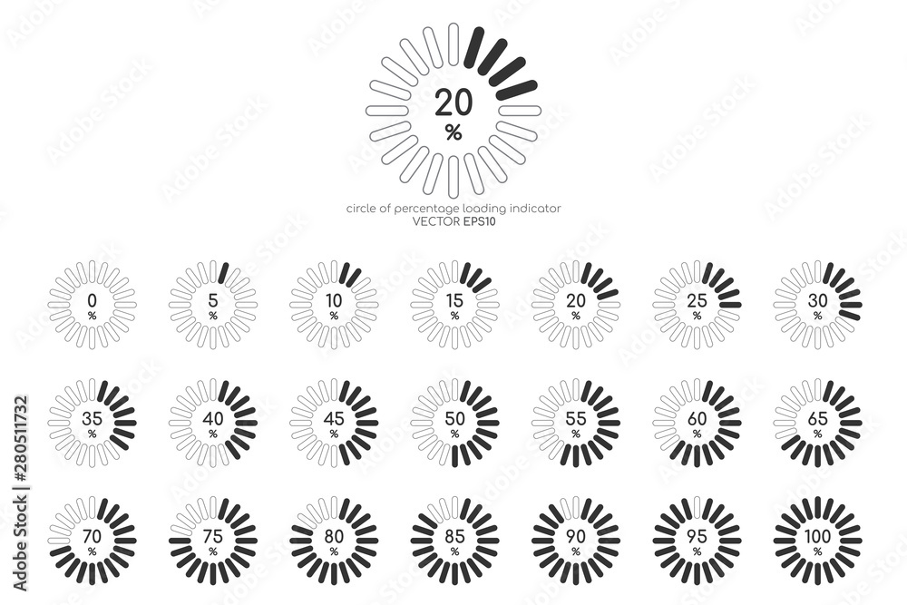 Poster Set of circle percentage diagrams black line isolated on white background for loading icon, progress or infographics design elements.Vector illustration.