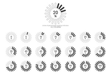 Set of circle percentage diagrams black line isolated on white background for loading icon, progress or infographics design elements.Vector illustration.