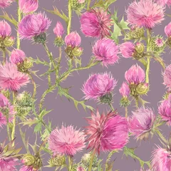 Schilderijen op glas Floral seamless pattern with thistle field herbs. Hand painted watercolor illustration. © Aleksandra Foster