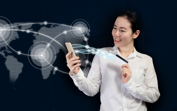 businesswoman using phone transfer money with mobile application, internet banking as concept.