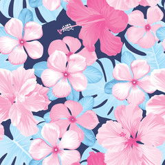 Seamless tropical pattern of hibiscus flowers with vinca and leaf background. Vector set of exotic tropical garden for holiday invitation, greeting card and textile fashion design. © mamsizz