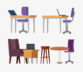 set of office desks with chairs and laptop information