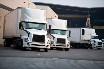 White big rigs semi trucks loading cargo on warehouse parking lot