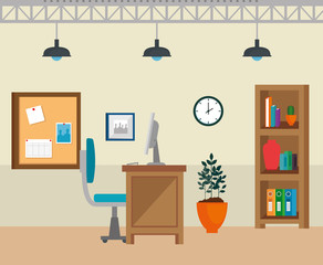 compter technology and desk with chair and clock