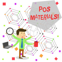 Writing note showing Pos Materials. Business concept for Specialized form of promotion found near a checkout counter Stressed Male Employee Manager Multitasking Meet Deadline