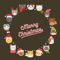 cat icon in Christmas and winter costume arrange as circle shape. with merry Christmas typography, flat design for use as poster or backdrop