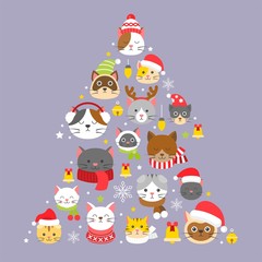 cat Christmas icon wearing winter and christmas costume arrange as Christmas tree shape illustration in flat design.
