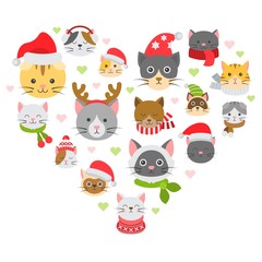 cat Christmas icon wearing winter and christmas costume arrange as heart shape illustration in flat design.