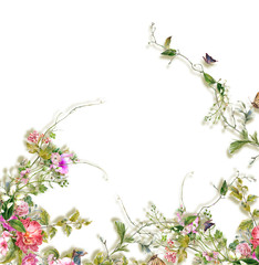 watercolor painting of leaves and flower, on white background