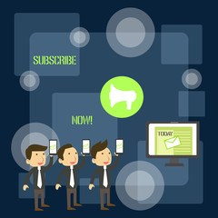 Handwriting text writing Subscribe Now. Conceptual photo to pay money to an organization in order to receive a service SMS Email Marketing Media Audience Attraction Personal Computer Loudspeaker