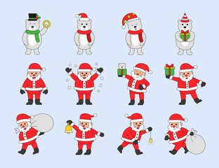 set of cute Santa gifts and snow beer in winter  Christmas  editable outline illustration in flat design.