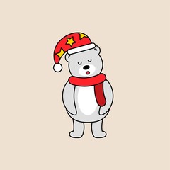 Sleepy snow bear Christmas editable outline illustration in flat design.