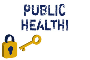 Text sign showing Public Health. Business photo showcasing government protection and improvement of community health Yellow and Blue 3D Locked Padlock and Key Isolated against White Background