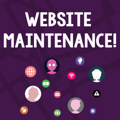 Text sign showing Website Maintenance. Business photo text act of regularly checking your website for issues Networking Technical Icons with Chat Heads Scattered on Screen for Link Up