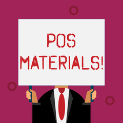 Writing note showing Pos Materials. Business concept for Specialized form of promotion found near a checkout counter